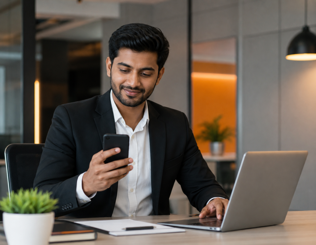 Employee receiving loan disbursement confirmation on a mobile phone during the Low Budget Loans process
