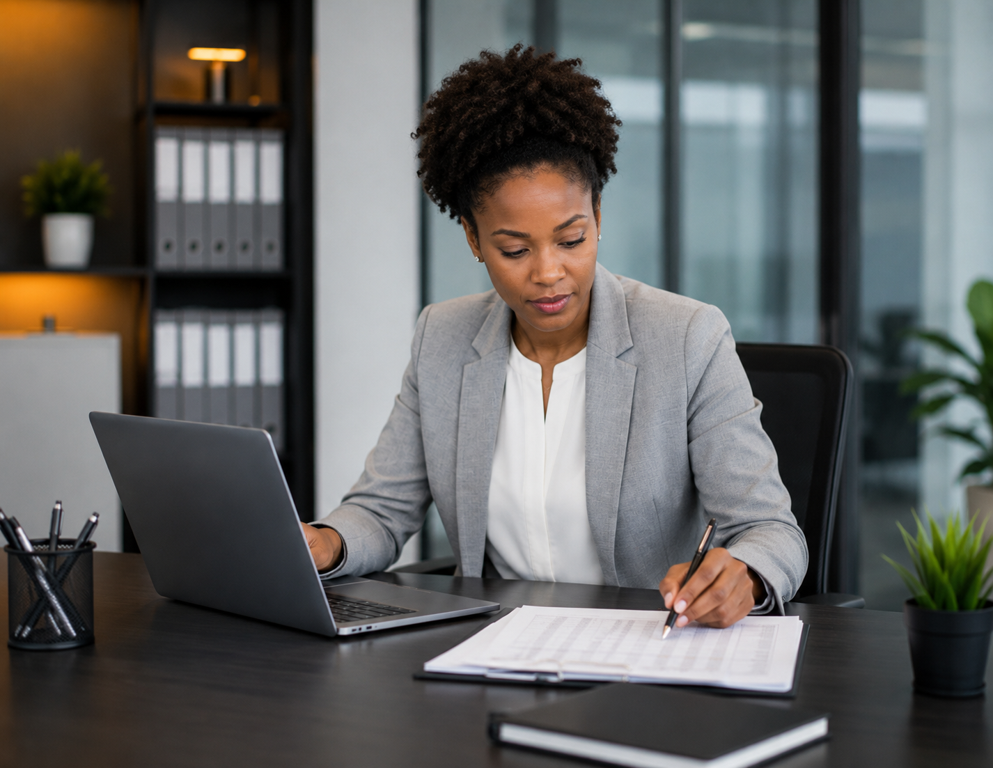 Payroll professional reviewing deduction records for the Low Budget Loans payroll-linked lending process
